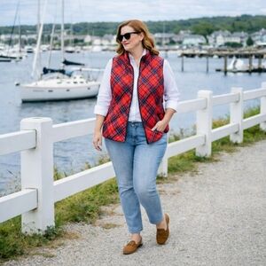 Karen Scott Sport Plaid Quilted Vest 1X | Red Tartan Zip Puffer